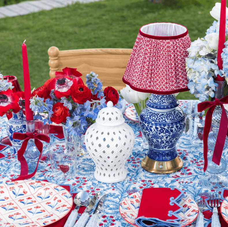 Chinoiserie Rechargeable Lamp with Red Lotus Shade (22cm)