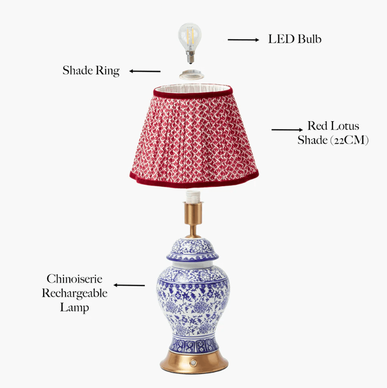 Chinoiserie Rechargeable Lamp with Red Lotus Shade (22cm)