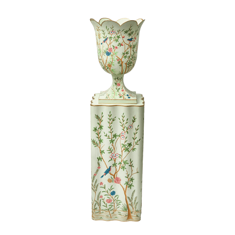 Green Chinoiserie Tole Urn & Pedestal