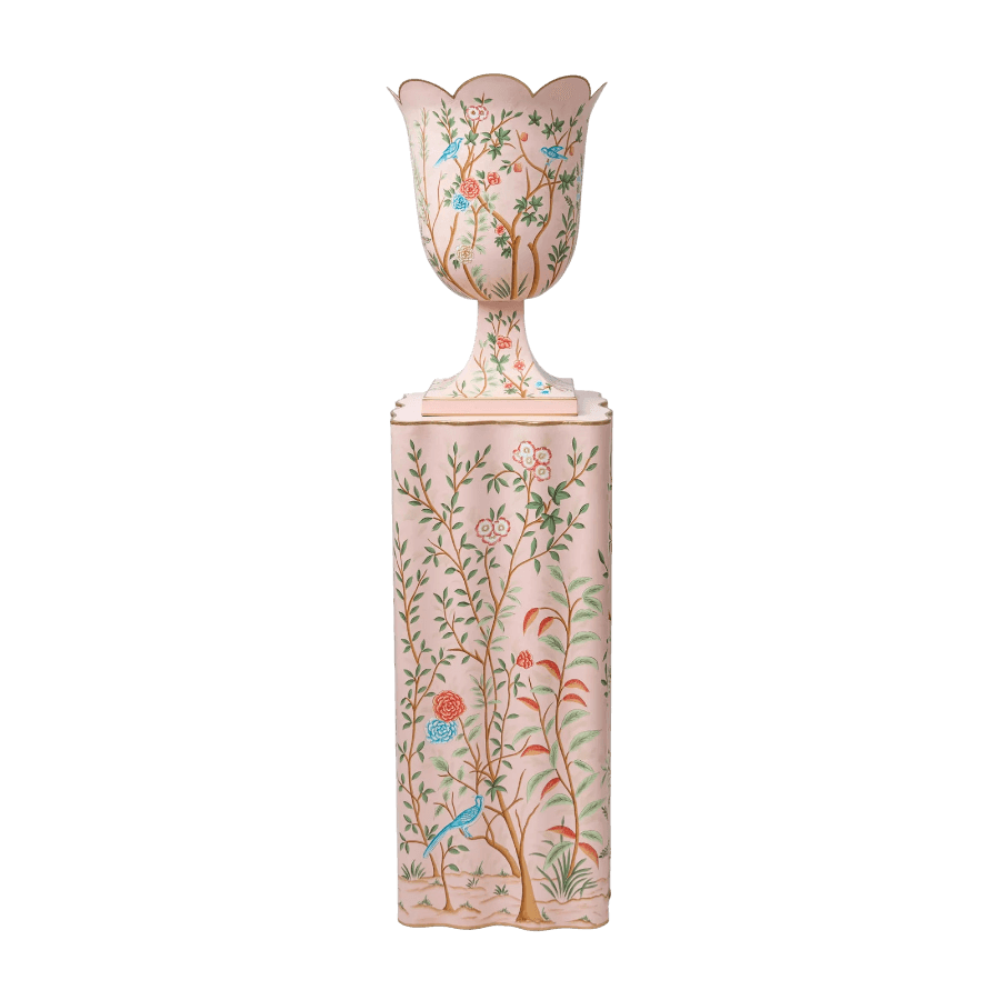 Pink Chinoiserie Tole Urn & Pedestal