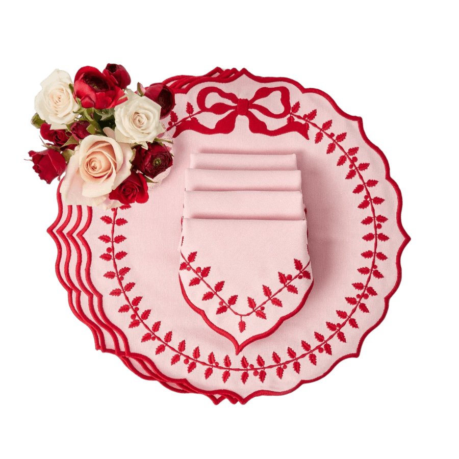 Pink & Red Bow Laurel Placemats & Napkins (Set of 4)