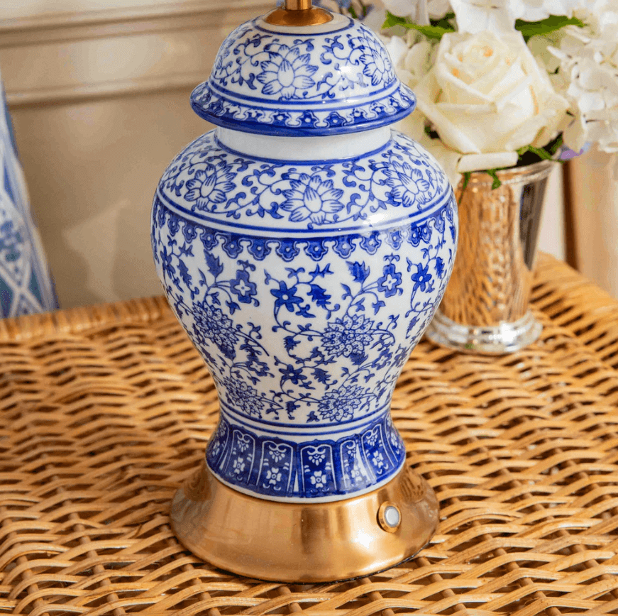Chinoiserie Rechargeable Lamp & Cobalt Ikat Shade (22cm)