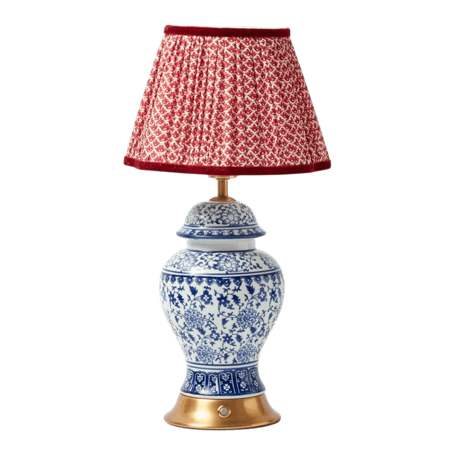 Chinoiserie Rechargeable Lamp with Red Lotus Shade (22cm)