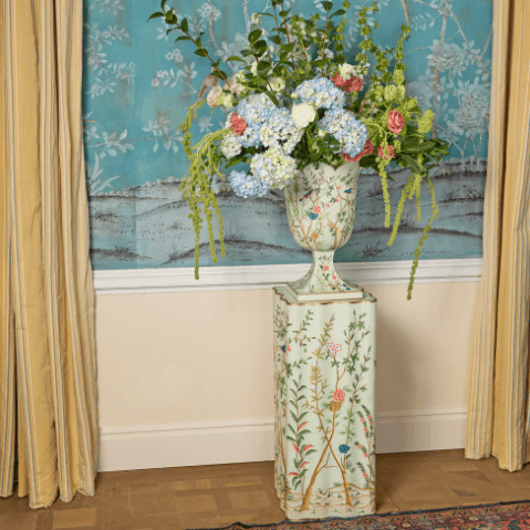 Green Chinoiserie Tole Urn & Pedestal