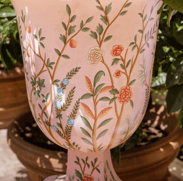 Pink Chinoiserie Tole Urn & Pedestal