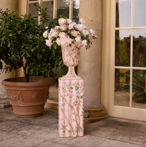 Pink Chinoiserie Tole Urn & Pedestal