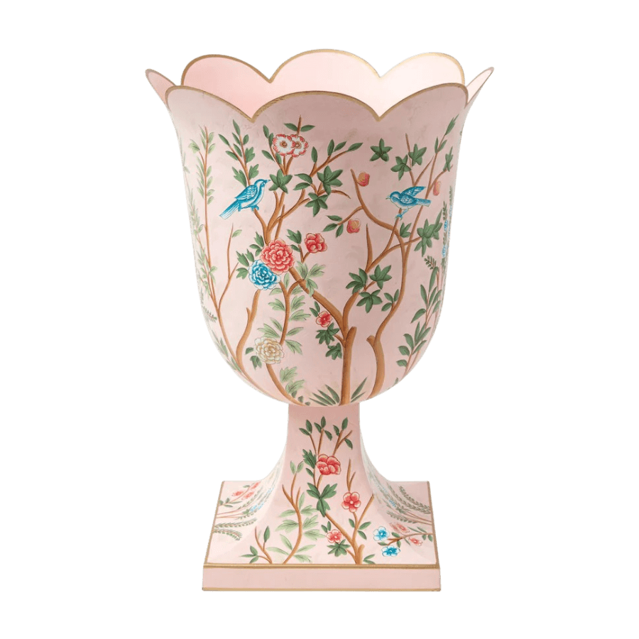 Pink Chinoiserie Tole Urn & Pedestal